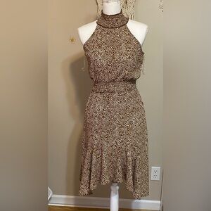 Sleeveless Brown Asymmetrical Midi Dress with Cinched Waist